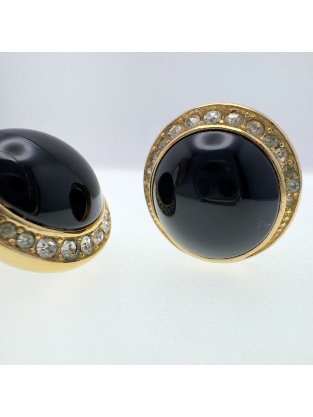 Authentic Dior Vtg 80s Black Onyx-Style Halo Clip-On Gold-Tone Crystal Earrings - Picture 8 of 11